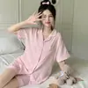 Novo pijama de manga curta de algodão em nuvem de duas peças transfronteiriça, roupas de casa xadrez rosa com vento doce, atacado de tiro real
