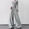 Pantalones Casuales Anchos Sueltos Estilo Americano para Mujer Otoño Nuevo Diseño de Botones Cintura Alta Adelgazantes Caída Pantalones de Chándal Deportivos
