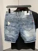Shorts de mezclilla rasgados para hombre con parche único de orejas de gato desgastadas, corte recto holgado, marca de moda, tallas grandes, shorts hasta la rodilla
