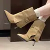 Botas Ajustadas 2026 para Mujer, Estilo Francés, Otoño/Invierno, Punta Fina, Marrón, Botines, Botas Cortas, Tacones Altos de Nicho, Botas Color Nude
