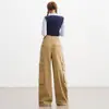 Jeans Casuais Azul Marinho Não Elástico de Cintura Alta com Múltiplos Bolsos e Design de Miçangas para Mulheres 2025 Outono Popular Calça Wide-Leg