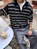 Camiseta Henley de Rayas Retro Americana de Manga Larga para Hombre Otoño Nuevo Transpirable Cuello en V Camisa Polo Camisa de Punto para Capas