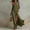 Vestido longo liso para mulheres, novo estilo outono, vestuário feminino transfronteiriço europeu e americano, corte solto, um ombro só e com fenda