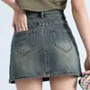 Falda Vaquera Retro de Cintura Alta Elástica Ajustada de Verano Americana Falda Línea A para Mujer Falda Vaquera Sexy que Realza las Caderas Anti-Exposición