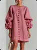 Vestido independiente de diseño tridimensional con puño floral para mujer, mangas largas tipo linterna holgadas, cuello redondo, vestido corto de línea A