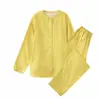 Puro Algodão Sem Marca Estilo Tendência Nacional Roupa de Casa para Homens, Conjunto de Pijama de Gaze Dupla Camada Respirável de Manga Longa para Mulheres, Primavera
