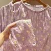 Pijama de duas camadas de gaze com estampa de patinho roxo, lapela, manga longa e calça longa para mulheres, conjunto fofo de algodão em gaze, modelagem solta para casa