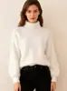 Primavera, Otoño e Invierno 2026 Nuevo Suéter de Punto Holgado de Color Sólido con Cuello Semi-Alto y Mangas de Linterna Estilo Coreano de Piel Sintética de Visón para Mujer