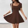Vestido Corto Sexy de Escote Bajo Transfronterizo Europeo y Americano 2025 para Mujer, Vestido Corto Adelgazante que Ceñe la Cintura con Pantalones Cortos Anti-Exposición Conjunto de Dos Piezas