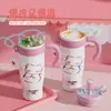 Termo de Acero Inoxidable 316 de Gran Capacidad para Mujer con Asa de Cerámica de Aspecto Elevado, Taza para Hielo, Taza con Popote para Coche, Tetera Doble para Beber Agua
