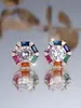 Brincos de Verão Dopamina Retangulares Coloridos de Zircônia com Centro Redondo de Diamante Branco Cheios de Diamantes Frescos e Doces - Venda Quente Japonesa e Coreana
