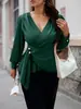Comercio exterior europeo y americano talla grande otoño nuevo elegante y con estilo para ir al trabajo fruncido en la cintura cuello en V color liso plisado camiseta de manga larga