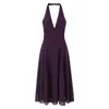 Elegante Vestido de Sol Morado de Longitud Media con Cuello Halter para Mujer, Nuevo Estilo Europeo y Americano Primavera 2026, Ajuste Delgado Sexy con Espalda Descubierta