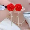 Pendientes de Flor Vintage de Terciopelo Rojo Pendientes de Botón Colgante de Perla Lujo Ligero Lazo Boda Vestido de Novia Vestido de Brindis