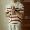 Camiseta de Punto Rayada de Manga Corta con Cuello Redondo Estilo Maduro Ligero Camiseta de Manga Media Casual de Negocios Retro para Hombre Primavera y Verano