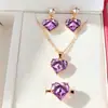 Moderna Dulce Estilo Princesa Brillante Corazón Rosa Zirconia Colgante Collar Elegante Conjunto de Joyería para Dama