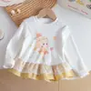 Camisa Básica Feminina de Primavera com Estampa de Desenho Animado Estilo Princesa Manga Longa, Novo Design Estiloso com Renda e Barra de Saia Xadrez