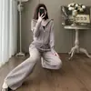 Conjunto casual de moda estilo coreano para otoño, con cuello alto, suéter de punto con doble cremallera y pantalón casual, conjunto de dos piezas