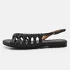 7006-10 Sandalias de Playa Tejidas Huecas de Fondo Plano Verano Nuevo Estilo Suela Suave Cómodas de Una Correa Estilo Romano para Mujer