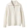 Nova camisa básica de tricô de cashmere para outono e inverno, cor sólida da moda, gola virada, mangas compridas, zíper, quente, macia e confortável para mulheres