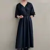 Vestido lavable de cintura alta 2026 otoño nuevo vestido camisa estilo japonés vestido largo holgado de manga de farol
