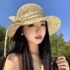 Sombrero de Paja con Lazo de Cinta de Puntos para Mujer, Protección Solar para Vacaciones de Verano en la Playa, Sombrero de Sol de Paja de Ala Ancha, Plegable
