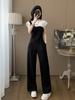 Traje de Moda de Manga Corta con Bloque de Color Blanco y Negro para Mujer, Verano, Adelgazante, Rejuvenecedor, Falso de Dos Piezas, Deportivo Casual, Pantalones de Pierna Ancha, Conjunto de Dos Piezas