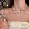 Collar de Perlas con Lazo de Doble Capa Estilo Francés para Mujer, Cadena Elegante para Clavícula de Lujo Ligero Nicho, Gargantilla de Moda Brillante con Diamantes