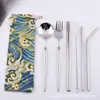 Acero Inoxidable 304 Vajilla Perla Oriental Delgada Portátil Traje Hogareño Estilo Occidental Cuchillo y Tenedor para Bistec Cuchara de Postre