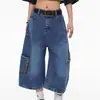 Jeans de trabajo American retro con estampado de leopardo, bolsillos de parche, pierna ancha suelta, unisex, a la moda, hip-hop, cropped