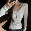Camisa Base de Renda Pure Desire para Mulheres, Nova Blusa Slim-Fit de Manga Longa com Decote V Escovada para Outono/Inverno e Primavera