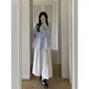 Camisa feminina azul com mangas tipo lanterna, temperamento doce, para primavera e outono, senso de design chique, babados, top soltinho