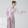 Traje de Prática de Dança Clássica para Mulheres, Novo Estilo, Chiffon com Diamantes, Cardigã Etéreo Cruzado com Manga Lanterna, Conjunto de Fantasia de Dança para Performance