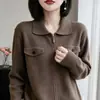 Cárdigan de punto con cuello polo y cremallera para mujer, suéter simple con bolsillo, abrigo de temperamento, manga larga, capa base para superponer