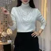 Top de manga larga suelto con cuello alto a medio y adornos de pedrería, nuevo para otoño e invierno, adelgazante y que realza la figura, para mujeres de mediana edad y mayores