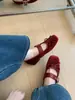 []Zapatos de Mujer de Otoño 2026 Nuevos de Gamuza Francesa con Punta Redonda, Tacón Bajo y Moño, de Correa Única