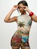 Vestido de malla con estampado floral de palmera isleña, superventas transfronterizo europeo y americano, elástico, sexy, sin mangas, ajustado al cuerpo