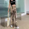 Calças tie-dye femininas de verão em chiffon, calças de varrer perna larga, macacão feminino de cintura alta com drapeado, fino de verão, florido