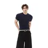 Camiseta de Tricô de Cor Sólida com Design Único de Duas Peças para Homens, Manga Curta, Gola de Alto Padrão, Corte Justo (Slim Fit), Cleanfit, Adequada para o Deslocamento no Verão