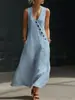 Primavera/Verano 2026 TikTok Transfronterizo Europeo y Americano Cuello en V Abotonado Algodón Lino Vestido Largo Sin Mangas Estilo Vacacional