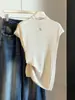 Top de tricô fino texturizado com gola alta e mangas curtas tipo babado para mulheres, camiseta básica sem mangas canelada vertical slim fit