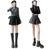 Shorts de couro preto de perna larga para mulheres, novo estilo outono, cintura alta, emagrecedor, leggings casuais, shorts de boot