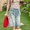 Shorts jeans casuais de verão estilo americano, lavados, vintage, com tingimento salpicado, para mulheres, caimento solto, versátil, que emagrece, calça de perna larga da moda