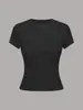 Camiseta Básica Estilo Kardashian Europea y Americana de Color Sólido con Cuello Redondo Elástica de Hombro Normal Manga Corta para Mujer, Top Delgado de Verano que Ceñe la Cintura