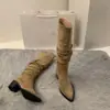 Botas de mujer de ante de tacón alto estilo western de longitud media, nuevo estilo otoño e invierno 2025, con forro de felpa, punta fina, tacón de bloque, botas altas de equitación