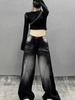 Jeans Largo com Design Gradiente Preto Americano para Mulheres Inverno Novo Solto Cintura Alta Formato Pera Calças Longas