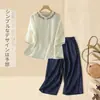 342 Conjunto#Cânhamo Algodão Linho Conjunto Completo Mulher Verão Camisa de Linho Calça de Perna Larga Casual Roupa de Mãe Conjunto de Duas Peças