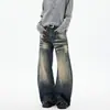 Marca independiente estilo retro americano con estampado de rayo, jeans desgastados con orejas de gato para hombre y mujer, pantalones de silueta ajustada tipo guadaña, lavados de nicho
