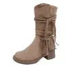 Novas botas de cavaleiro com franjas estilo deserto retrô 2026, salto grosso, cano alto, efeito emagrecedor, botas de cano médio para mulheres