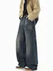 Jeans de Perna Larga com Estampa de Letras Lavado Desgastado Americano Unissex Solto Versátil Calça Reta High Street Retro